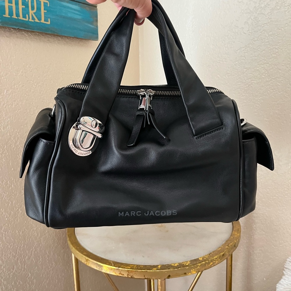 Marc Jacobs Black Leather Satchel with Silver Pushlock Accents